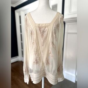 Anthropologie Long Sleeve Embroidered Blouse With Banded Waist, Cream: Size 4